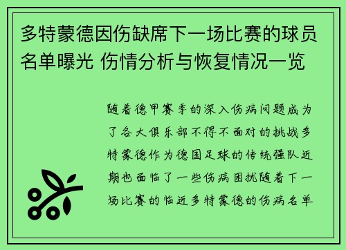 多特蒙德因伤缺席下一场比赛的球员名单曝光 伤情分析与恢复情况一览