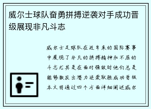 威尔士球队奋勇拼搏逆袭对手成功晋级展现非凡斗志